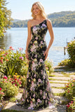 One Shoulder Sequin Black Pink Flower Mermaid Prom Dress