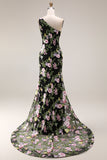 One Shoulder Sequin Black Pink Flower Mermaid Prom Dress