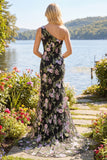 One Shoulder Sequin Black Pink Flower Mermaid Prom Dress