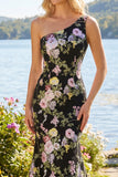 One Shoulder Sequin Black Pink Flower Mermaid Prom Dress