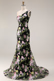 One Shoulder Sequin Black Pink Flower Mermaid Prom Dress