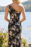 One Shoulder Sequin Black Pink Flower Mermaid Prom Dress