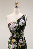 One Shoulder Sequin Black Pink Flower Mermaid Prom Dress