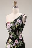 One Shoulder Sequin Black Pink Flower Mermaid Prom Dress