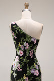 One Shoulder Sequin Black Pink Flower Mermaid Prom Dress
