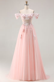 Sparkly Off the Shoulder Pink A Line Prom Dress with Pearls
