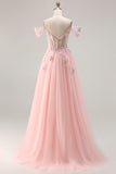 Sparkly Off the Shoulder Pink A Line Prom Dress with Pearls