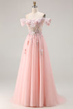 Sparkly Off the Shoulder Pink A Line Prom Dress with Pearls