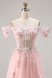Sparkly Off the Shoulder Pink A Line Prom Dress with Pearls
