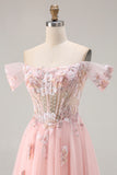 Sparkly Off the Shoulder Pink A Line Prom Dress with Pearls