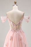 Sparkly Off the Shoulder Pink A Line Prom Dress with Pearls