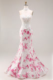 Mermaid White Fuchsia Flower Sweetheart Corset Long Prom Dress with Lace
