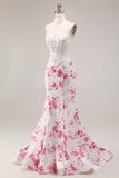 Mermaid White Fuchsia Flower Sweetheart Corset Long Prom Dress with Lace