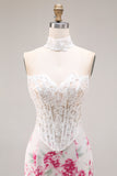 Mermaid White Fuchsia Flower Sweetheart Corset Long Prom Dress with Lace