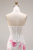 Mermaid White Fuchsia Flower Sweetheart Corset Long Prom Dress with Lace