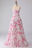 White Fuchsia Floral Sweetheart A Line Long Prom Dress with Ruffles