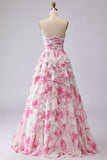 White Fuchsia Floral Sweetheart A Line Long Prom Dress with Ruffles