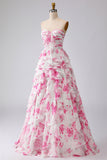 White Fuchsia Floral Sweetheart A Line Long Prom Dress with Ruffles