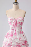 White Fuchsia Floral Sweetheart A Line Long Prom Dress with Ruffles