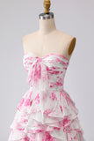 White Fuchsia Floral Sweetheart A Line Long Prom Dress with Ruffles