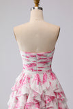 White Fuchsia Floral Sweetheart A Line Long Prom Dress with Ruffles