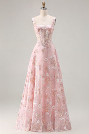 Sparkly Pink A Line Corset Square Neck Prom Dress