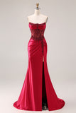 Mermaid Burgundy Strapless Satin Sequin Long Prom Dress with Slit