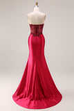 Mermaid Burgundy Strapless Satin Sequin Long Prom Dress with Slit