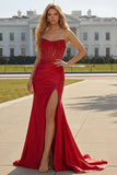 Sparkly Red Corset Strapless Mermaid Prom Dress