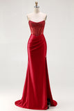 Sparkly Red Corset Strapless Mermaid Prom Dress