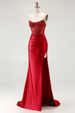 Sparkly Red Corset Strapless Mermaid Prom Dress