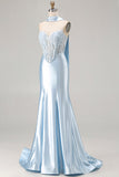 Mermaid Blue Corset Sweetheart Convertible Satin Long Prom Dress with Streamer