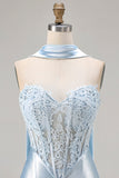 Mermaid Blue Corset Sweetheart Convertible Satin Long Prom Dress with Streamer