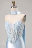 Mermaid Blue Corset Sweetheart Convertible Satin Long Prom Dress with Streamer