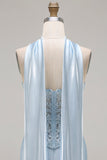 Mermaid Blue Corset Sweetheart Convertible Satin Long Prom Dress with Streamer