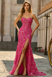 Strapless Fuchsia Mermaid Sequin 3D Flowers Long Prom Dress with Slit