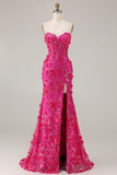 Sparkly Fuchsia Mermaid Strapless Appliqued Prom Dress