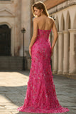 Strapless Fuchsia Mermaid Sequin 3D Flowers Long Prom Dress with Slit