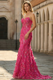 Strapless Fuchsia Mermaid Sequin 3D Flowers Long Prom Dress with Slit