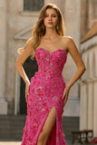 Strapless Fuchsia Mermaid Sequin 3D Flowers Long Prom Dress with Slit