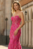 Strapless Fuchsia Mermaid Sequin 3D Flowers Long Prom Dress with Slit