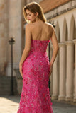 Strapless Fuchsia Mermaid Sequin 3D Flowers Long Prom Dress with Slit