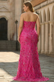 Strapless Fuchsia Mermaid 3D Flower Sequin Plus Size Long Prom Dress with Slit