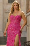 Strapless Fuchsia Mermaid 3D Flower Sequin Plus Size Long Prom Dress with Slit