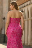 Strapless Fuchsia Mermaid 3D Flower Sequin Plus Size Long Prom Dress with Slit