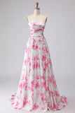 White Fuchsia Floral Sweetheart Ruched A Line Long Prom Dress