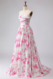 White Fuchsia Floral Sweetheart Ruched A Line Long Prom Dress