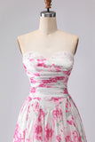 White Fuchsia Floral Sweetheart Ruched A Line Long Prom Dress