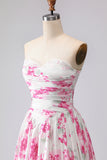 White Fuchsia Floral Sweetheart Ruched A Line Long Prom Dress