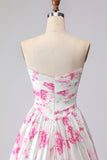 White Fuchsia Floral Sweetheart Ruched A Line Long Prom Dress